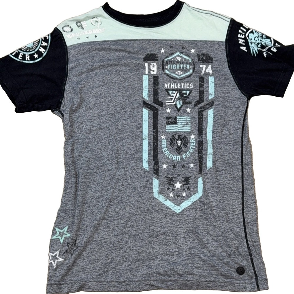 American Fighter Graphic T-Shirt Men's S Grey Black Blue Athletic Crew Neck